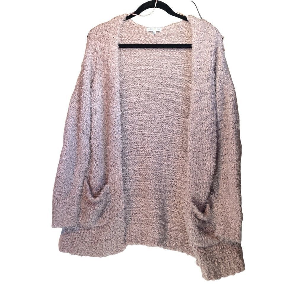 Woven Heart Pink Cozy Cardigan Faux Angora Knit Open Front Pockets Size Large